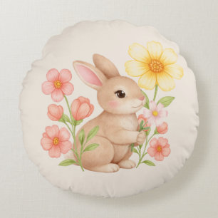 Coussins Ronds Mignon Lapin De Peinture À L'aquarelle Floral 