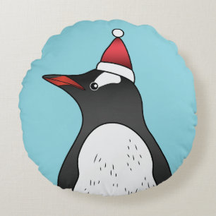 Coussins Ronds Mignon manchot papou en bonnet de Père Noël sur fo