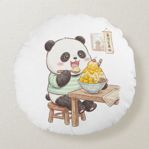 Coussins Ronds Mignon panda mangeant de la glace râpée de mangue
