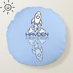 Coussins Ronds Mignon reflet de fusée bleue Doodle Nom personnali