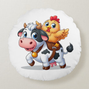 Coussins Ronds mignon vache/poulet caricature