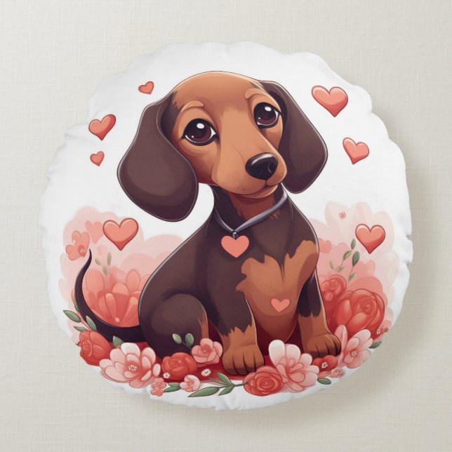Coussins Ronds Mignonne chiot Dachshund avec le coeur (Devant)