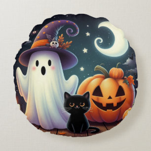 Coussins Ronds Mignonne, citrouille d'Halloween, chat & fantôme