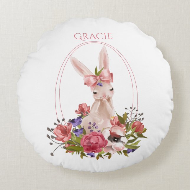 Coussins Ronds Mignonne Lapin Animal Bois Nom Floral (Devant)