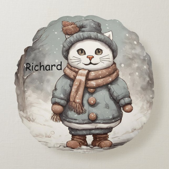 Coussins Ronds Mignonne Noël Chat Snowman Aquarelle Whimsical (Devant)
