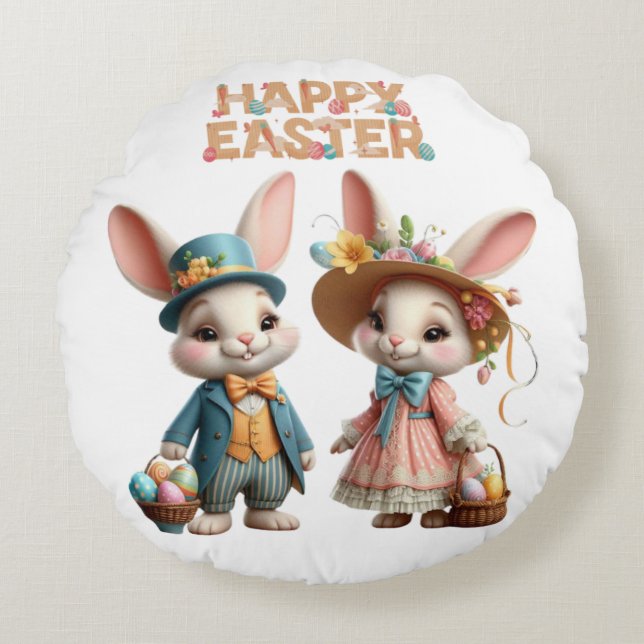 Coussins Ronds Mignonne, Whimsical Joyeuse Pâques avec 2 lapins (Devant)