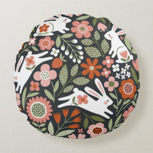 Coussins Ronds Mignons lapins blancs, motif vintage fleuri.