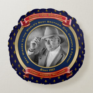 Coussins Ronds Milestone Birthday Gold Photo 70th Seventy Blue