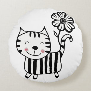 Coussins Ronds Minimalist Cute Cat with Flower on Tail Decorative