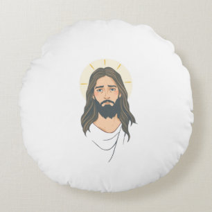 Coussins Ronds Minimalist Jesus with Blue Eyes – Pastel Christian