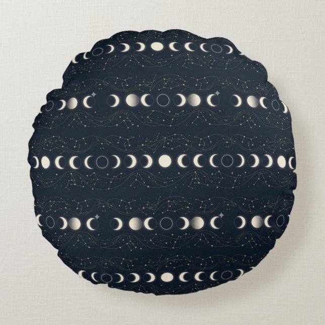 Coussins Ronds Minimalist Lunar Phases Pattern with Stars and Nig (Devant)