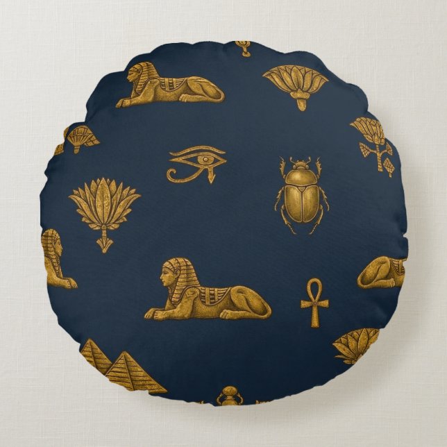 Coussins Ronds Minimalist Navy & Antique Gold Egyptian Pattern (Devant)