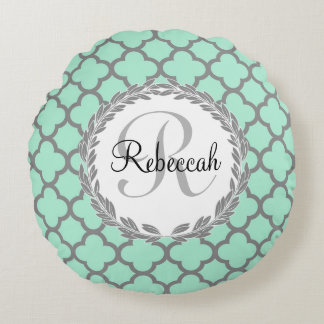 Coussins Ronds Mint Green Grey Quatrefoil Nom Monogramme Laurel