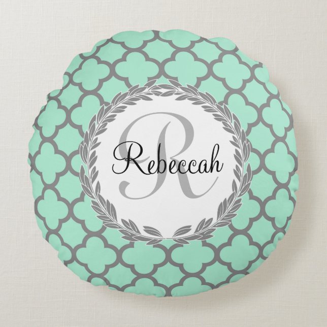 Coussins Ronds Mint Green Grey Quatrefoil Nom Monogramme Laurel (Devant)