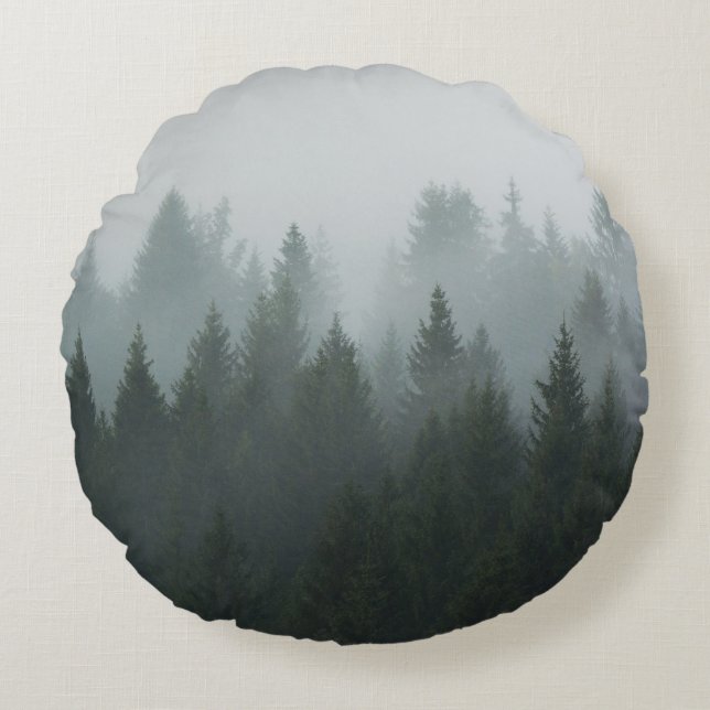 Coussins Ronds Misty Mountain Forest Brouillard d'automne (Devant)