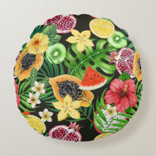 Coussins Ronds Mix-fruits tropicaux, fleurs et feuilles en noir