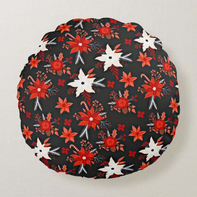 Coussins Ronds Modèle floral avec fleurs blanches rouges-11438 (Devant)