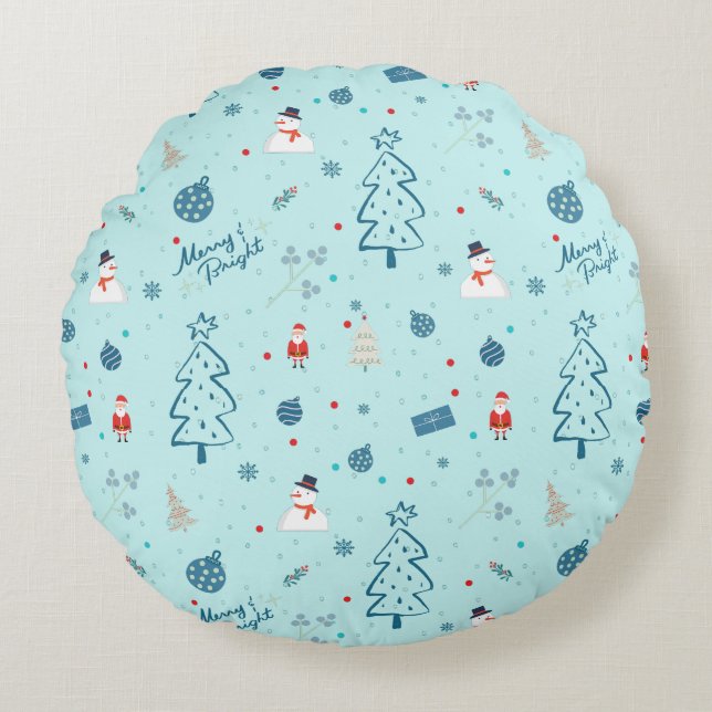 Coussins Ronds Modern Blue Christmas Pillow – Santa & Snowmen  (Devant)