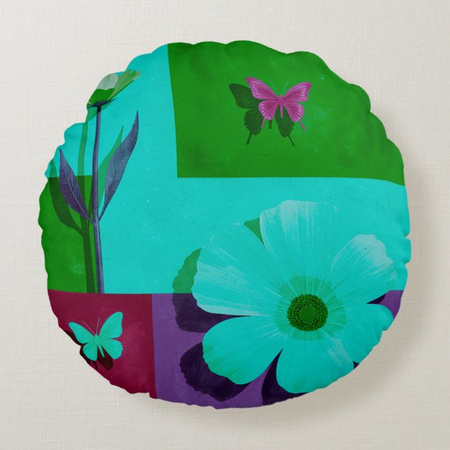 Coussins Ronds Modern Teal Floral Garden Round Pouf (Devant)