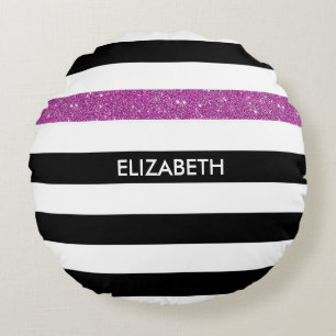 Coussins Ronds Moderne Black Stripes FAUX Purple Glitz et nom
