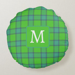 Coussins Ronds Moderne monogramme à carreaux vert et bleu élégant