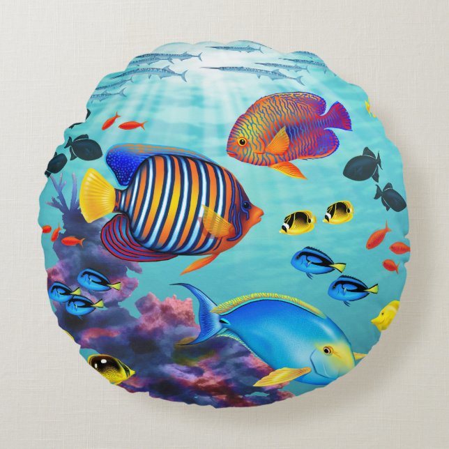 Coussins Ronds Molokini Cove Hawaiian Tropical Fish Reversible (Devant)