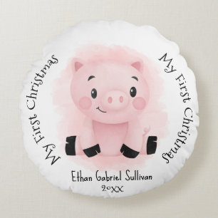 Coussins Ronds Mon premier Noël Nom personnalisé Cochon Noël