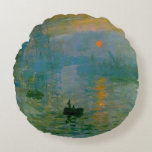 Coussins Ronds Monet Impression Sunrise Art<br><div class="desc">Monet "Impression, lever du soleil", ou "Impression soleil levant" est l'image sur ce coussin. Le célèbre artiste français Claude Monet peint ce tableau du soleil vu par la brume au port du Havre au printemps 1872. Le nom de cette peinture est crédité d'avoir nommé le mouvement impressionniste dans l'art. Maintenant...</div>