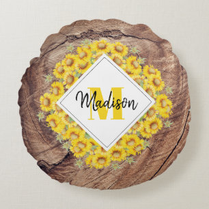 Coussins Ronds Monogram de Rustic Sunflowers & Wood Texture