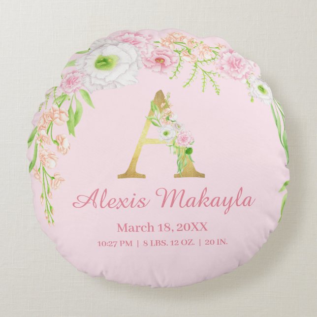 Coussins Ronds Monogram Watercolor Baby Stats (Devant)