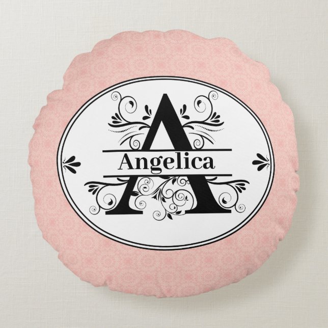 Coussins Ronds Monogramme A avec petit fond motif rose clair (Devant)