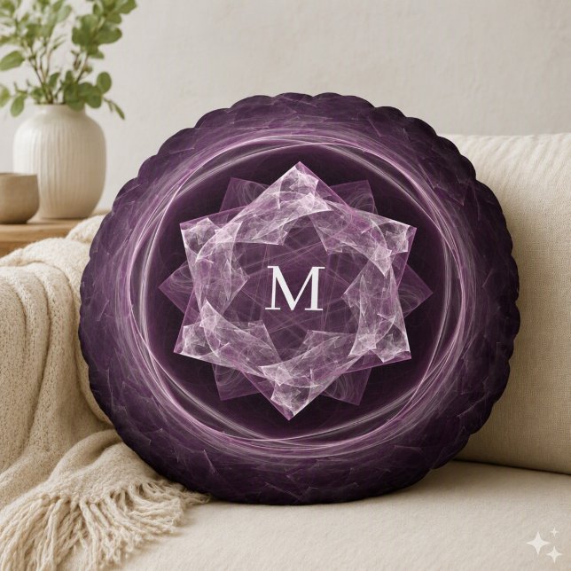 Coussins Ronds Monogramme Abstrait Étoile Violet Foncé Fractale  (Créateur téléchargé)