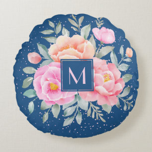 Coussins Ronds Monogramme Aquarelle pivoines Rose bleu rose flora