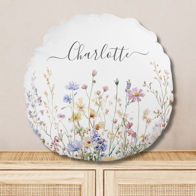 Coussins Ronds Monogramme Aquarelle Rustique Joli Fleur sauvage C (In situ)