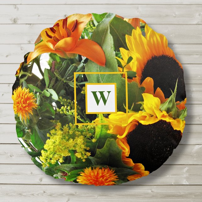 Coussins Ronds Monogramme Beau automne tournesol automne automne (Créateur téléchargé)