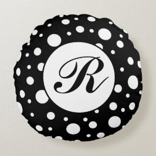Coussins Ronds Monogramme blanc sur le Motif de points Polka Noir