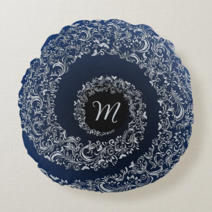 Coussins Ronds Monogramme bleu et gris Damas