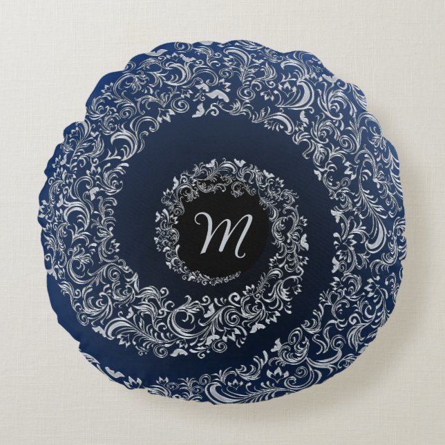 Coussins Ronds Monogramme bleu et gris Damas (Devant)