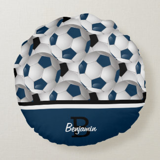 Coussins Ronds Monogramme bleu foncé noir Motif de balle de footb