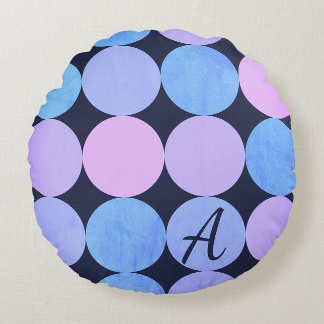 Coussins Ronds Monogramme Cercles Bleu Violet & Rose (Devant)