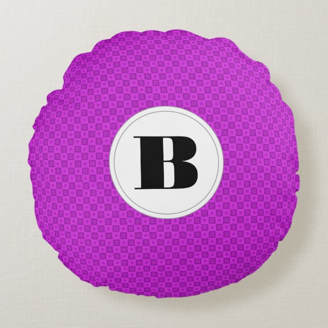 Coussins Ronds Monogramme cercles et carrés sur un motif violet (Devant)