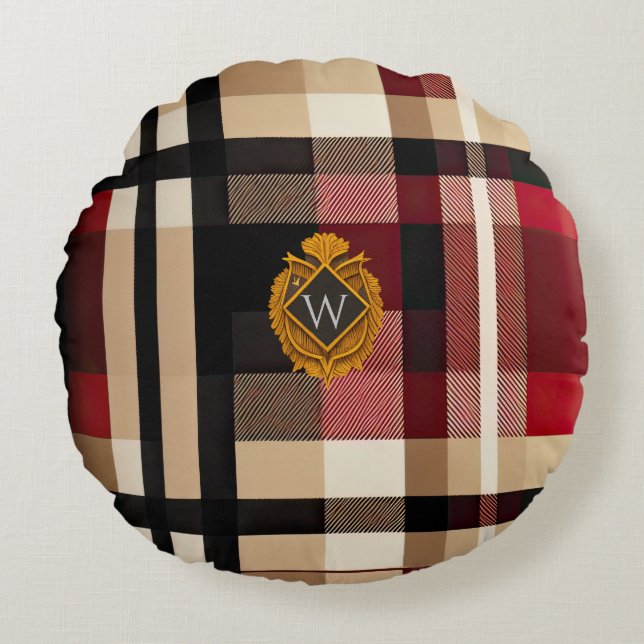 Coussins Ronds Monogramme Classique Style Plaid Beige Rouge & Noi (Devant)
