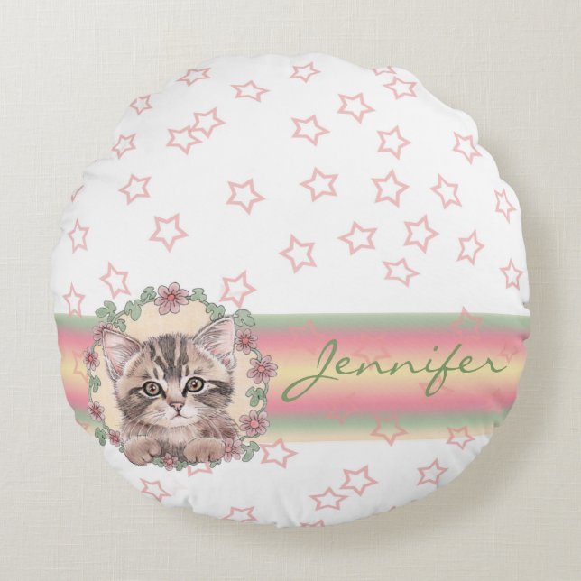 Coussins Ronds Monogramme Cute Kitten Floral Rose Star (Devant)