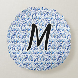 Coussins Ronds Monogramme d'art fin en mosaïque de feuilles bleue