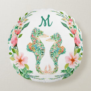 Coussins Ronds Monogramme de couple de hippocampe floral tropical