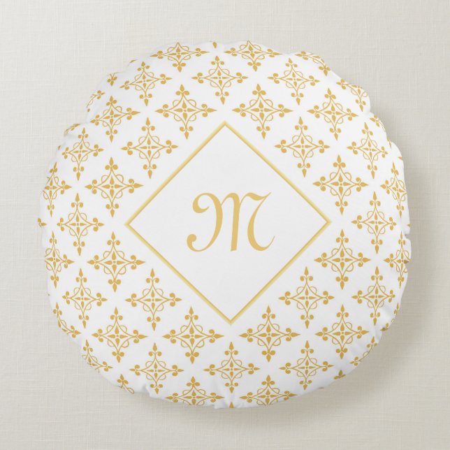 Coussins Ronds Monogramme de luxe Blanc et or Quatre Floral (Devant)