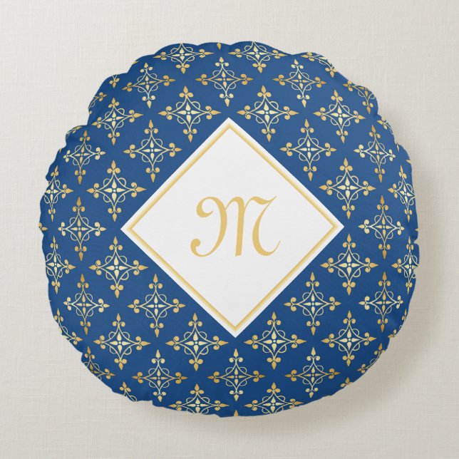 Coussins Ronds Monogramme de luxe Blue et Gold Quatre Floral (Devant)