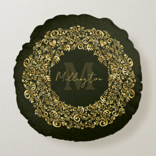 Coussins Ronds Monogramme de luxe Gold Damask