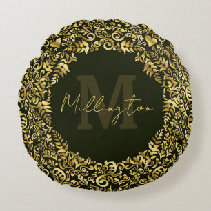 Coussins Ronds Monogramme de luxe Gold Damask