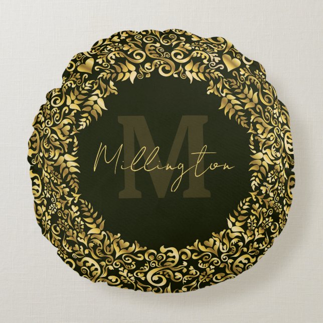 Coussins Ronds Monogramme de luxe Gold Damask (Devant)
